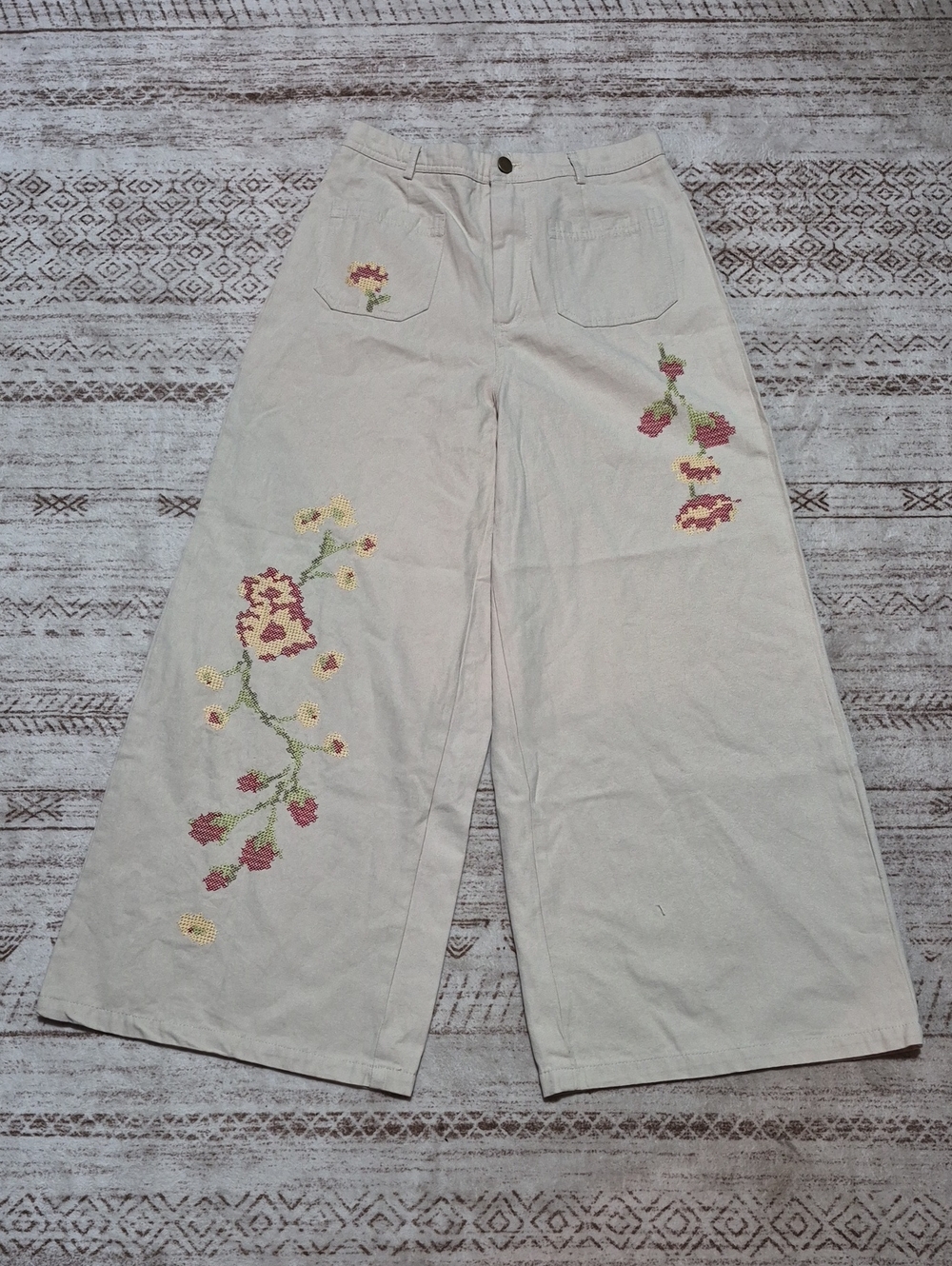 SHEIN Cream Wide-Leg Pants with Pink & Yellow Floral Embroidery